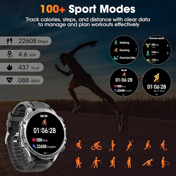 Military Smart Watch for Men (Answer/Make Call), 1,85" HD Touch Screen 700mAh Large Battery Fitness Watch with Flashlight/Heart Rate/Sleep Monitor Fitness Tracker for iPhone & Android Black