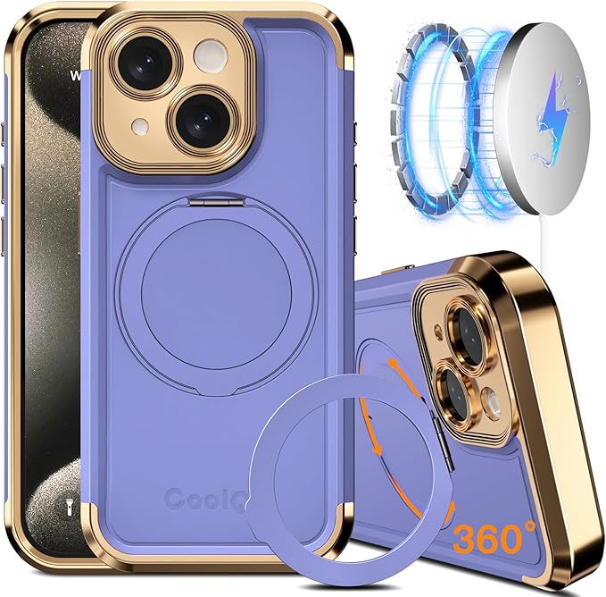 COOLQO for iPhone 15 Case 6.1'' Upgraded 360° Spin Magnetic Stand [Compatible with Magsafe][Military Protection] Plating Matte Scratch-Resistant Back Protective Shockproof Phone Case, Purple Gold