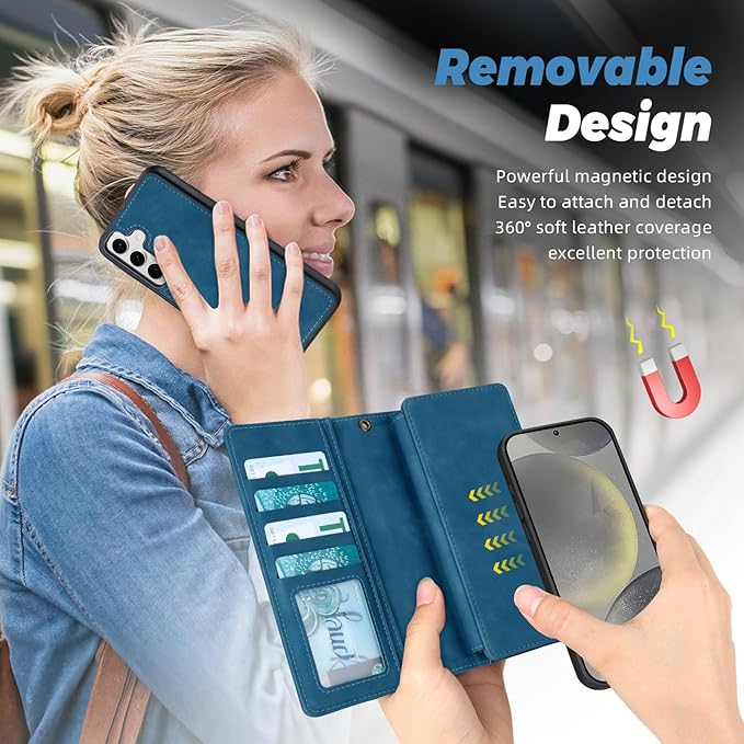 TwoHead for Samsung Galaxy S24 Wallet Case with Card Holder,Detachable Magnetic Phone Case for Galaxy S24,PU Leather Shockproof Protective Phone Cover Wallet with Wrist Strap(6.1 in,Navy Blue)