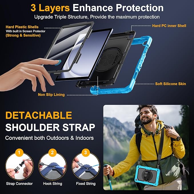 Case for Samsung Galaxy Tab A9+/A9 Plus 11 Inch 2023(SM-X210/X216/X218), Ubearkk Full-Body Drop Protection Case with Screen Protector, 360° Rotating Stand and Hand/Shoulder Strap, Brightblue