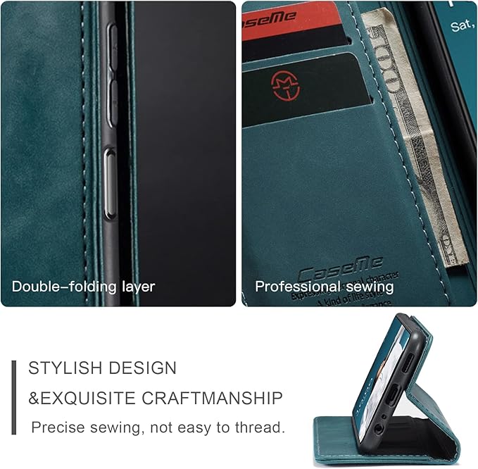 for Samsung Galaxy A22 5G Case, Flip Wallet Leather Case with Card Holder Magnetic Closure Shockproof Kickstand Protective Phone Cases Cover for Samsung A22 5G,Blue-Green