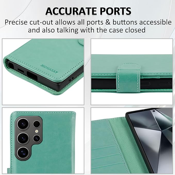 MONASAY Wallet Case Fit for Samsung Galaxy S24 Ultra 5G，[Lens & Glass Screen Protector] [RFID Blocking] Flip Folio Leather Cell Phone Cover with Credit Card Holder, 6.8 inch, Mint