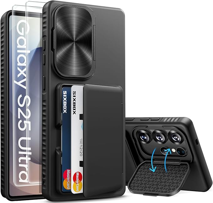 for Samsung Galaxy S25 Ultra Case Wallet with Stand, Built-in [2 Pack] Screen Protector & Card Holder & Camera Cover, Military Grade Drop Protection Phone Case for S25 Ultra 6.9" 2025, Black