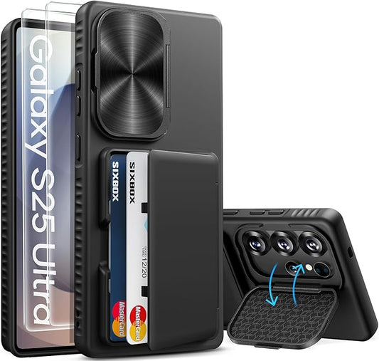 for Samsung Galaxy S25 Ultra Case Wallet with Stand, Built-in [2 Pack] Screen Protector & Card Holder & Camera Cover, Military Grade Drop Protection Phone Case for S25 Ultra 6.9" 2025, Black