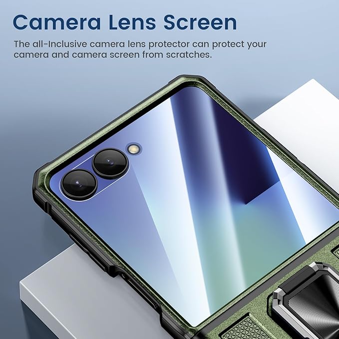 VEGO for Z Flip 7 Case with Hinge Protection, 360° Rotatable Ring Kickstand & Built-in Screen Protector & Belt Clip Holster, Shockproof Cover for Samsung Galaxy Z Flip 7 - Dark Green