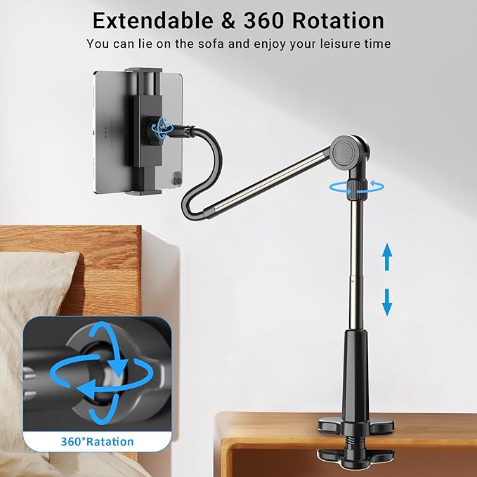 Desk Tablet Holder for iPad Pro, No Stiff Easy Adjust Arm Phone and Tablet Stand for Bed, Ereader Accessories Compatible with Kindle iPhone, iPad Pro/Mini/Air, Smartphones