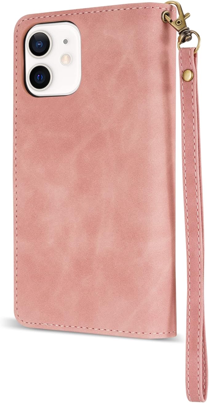 ZZXX for iPhone 12 Case Wallet,iPhone 12 Pro Wallet Case with Card Slot Premium Soft PU Leather Zipper Flip Folio Wallet with Wrist Strap Kickstand Protective for iPhone 12 Wallet Case(Pink 6.1 inch)