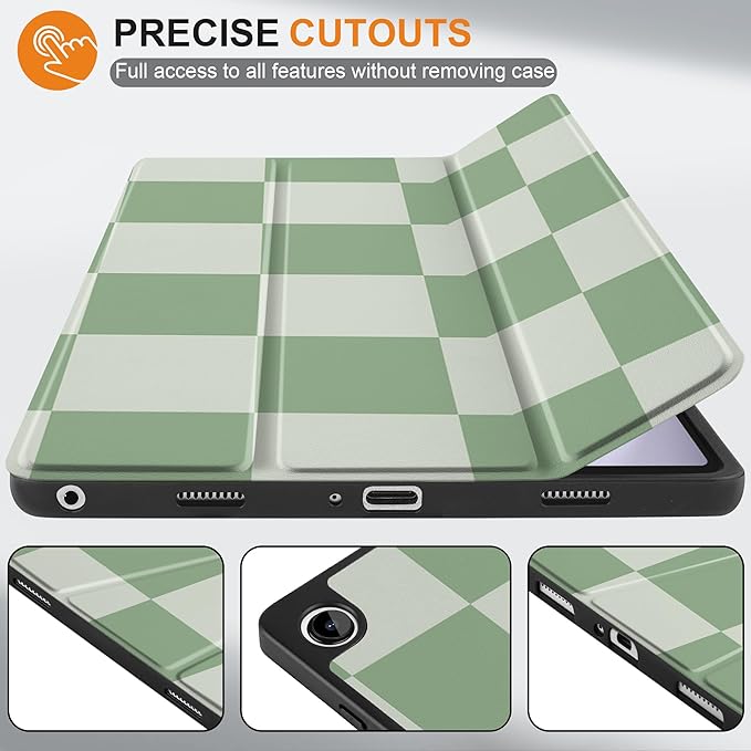 MEEgoodo Case for Samsung Galaxy Tab A9 Plus 11 inch Cover 2024 2023 with S Pen Holder, A9+ Smart Tablet Cases with Leather Trifold Stand+Soft TPU Back Shell+Smart Auto Wake/Sleep, Green Checkered