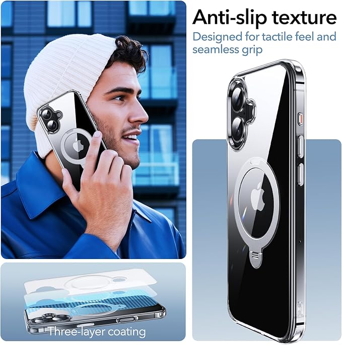 Anqrp 360° All-in-ONE Crystal Clear Case for iPhone 16 with Rotatable Magnetic Stand, Compatible with MagSafe, Anti-Yellowing Transparent MIL-Grade Shockproof Phone Case Cover for iPhone 16