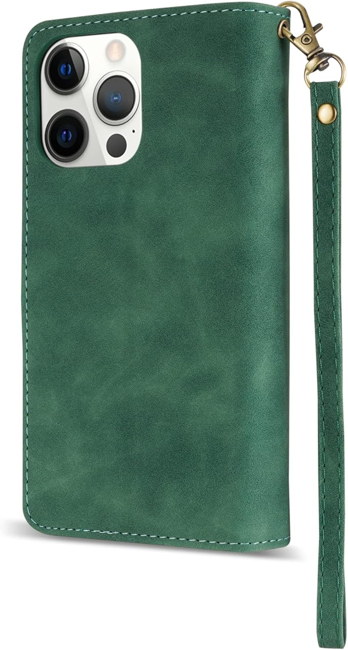 ZZXX for iPhone 14 Pro Max Case Wallet with [RFID Blocking] Card Slot Soft PU Leather Zipper Flip Folio with Wrist Strap Kickstand Protective Cover for iPhone 14 Pro Max Wallet Case(Green-6.7 inch)