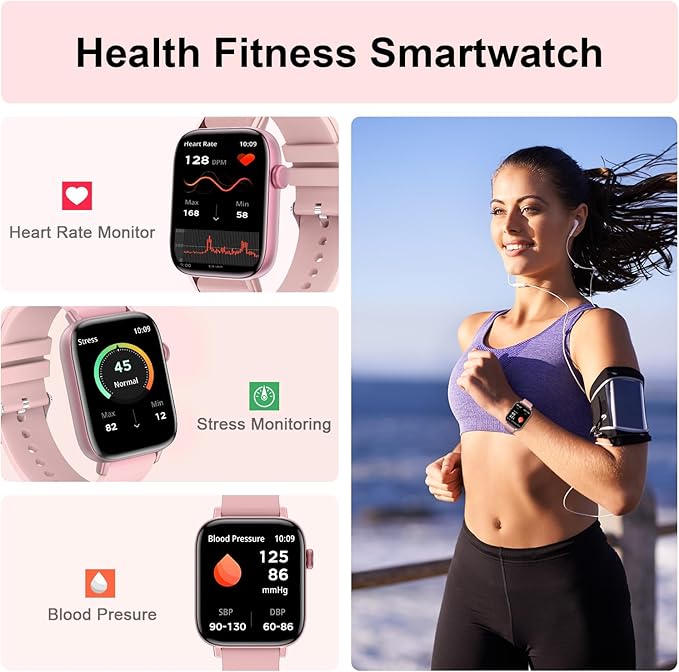 Smart Watch for Android iPhone-Call Receive/Dial/Read Message/AI Control-1.9" HD Screen-IP67 Waterproof Fitness Smartwatch-Blood Pressure/Heart Rate/SpO2/Sleep Monitor (Light Pink)