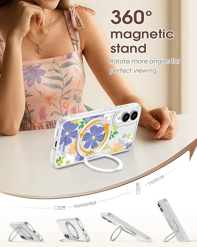 for Samsung Galaxy S25 Edge Case with 360° Rotatable Magnetic Ring - Compatible with MagSafe, Semi-Transparent Soft-Touch Material Shockproof, Cute Purple Flower Design for Women Girl