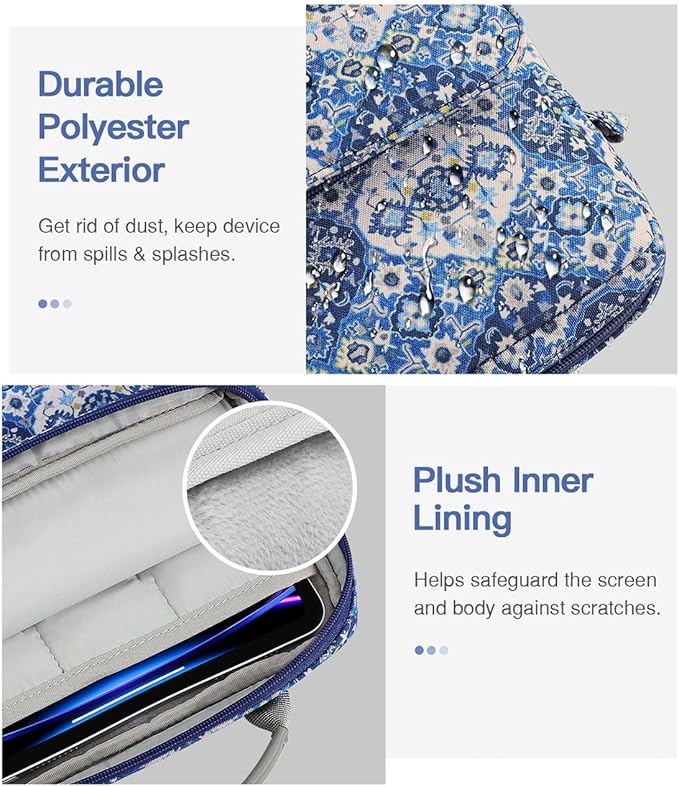 MoKo 9-11 Inch Tablet Sleeve Bag Handle Carrying Case with Shoulder Strap Fits 11inch iPad Air M3, iPad A16 2025, iPadPro 11", iPad109/8/7th Gen 10.2, Air 5/4th 10.9, Tab S8/S9 11", Blue Bohemia