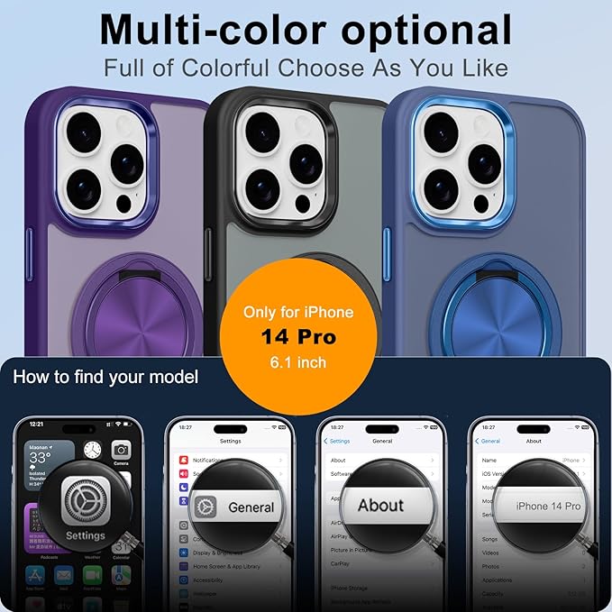 ZIYE Dark Purple Case for iPhone 14 Pro Case with Stand [Compatible with MagSafe] Slim Heavy Duty Protection Military Grade Shockproof Magnetic Cover with 360 Rotatable Ring Kickstand for Women Men