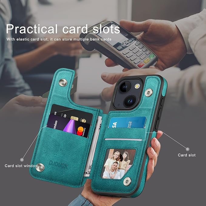 DJDUCK Designed for iPhone 14 Case Wallet with Card Holder, [Magnetic Clasp Cover] [RFID Blocking Leather Protection] Shockproof Women Men Cases 6.1 Inch for Apple 14 Blue Green