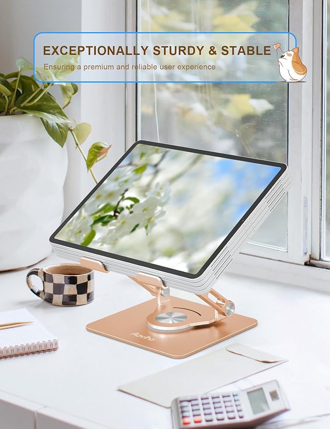 Tablet Stand 360° Rotating Aluminum Holder, Adjustable, Portable and Foldable Monitors Stand for iPads, Compatible with 4-12.9" Tablets, Golden