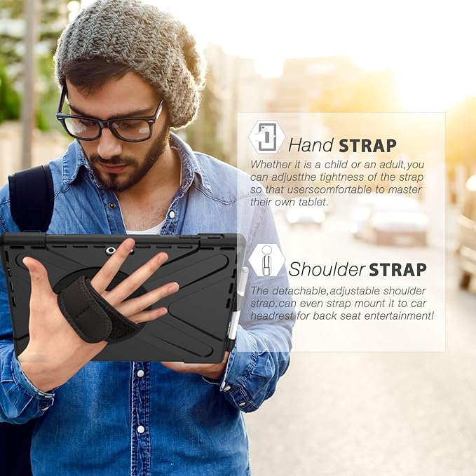 DreamerX for Microsoft Surface Pro 7+ Plus/Pro 7/6/5/4 12.3" Case, Heavy Duty Rugged Full Body Drop Protective Silicone Kids Cover w/Rotating Stand Hand Strap Pen Holder Carrying Shoulder Strap Black