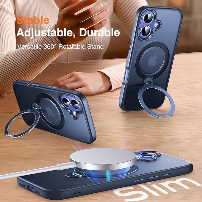 360° O-Ring MagStander for iPhone 16 Case with Magnetic Kickstand Ring Holder [Compatible with MagSafe][360°Rotate Stand Ring][Military Shockproof] Magnet iPhone 16 Phone Cover Matte Blue