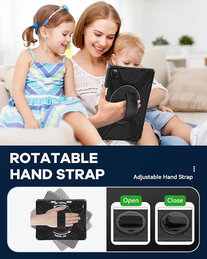 DreamerX for iPad Air 13 Inch (2025/2024) M3/M2 iPad Pro 12.9 6th 5th 4th 3rd Gen Case with 360° Rotating Stand Hand Strap Shoulder Strap, Heavy Duty Rugged Kids Cover for iPad Air 13 Pro 12.9", Black