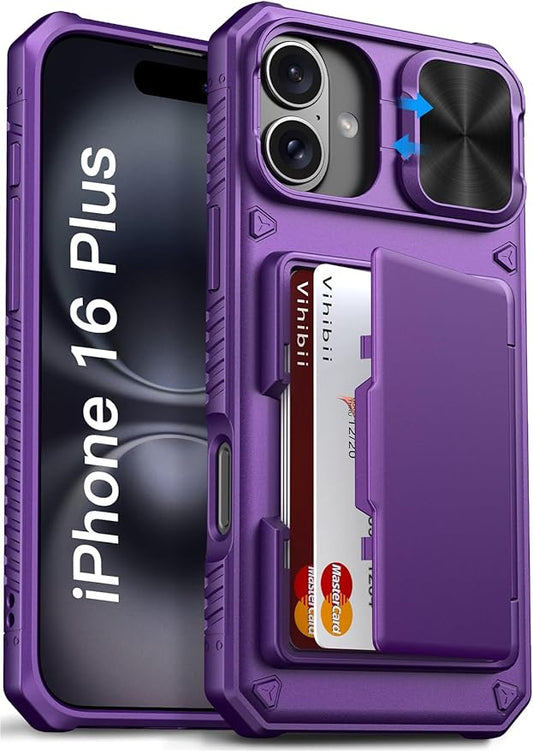 Vihibii for iPhone 16 Plus Case Wallet with Card Holder (4 Cards) [RFID Blocking] & Slide Camera Cover, Military Grade Drop Protection, Hard Back & Silicone Edge Phone Cover, 6.7" 2024, Dark Purple