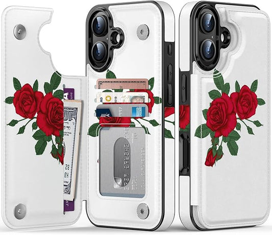 FUNMIKO for iPhone 16 Plus Wallet Case with Card Holder, RFID-Blocking, Military-Grade Protection & UV-Printed Artwork, Magnetic Closure with Leather Kickstand - Blooming Red Rose
