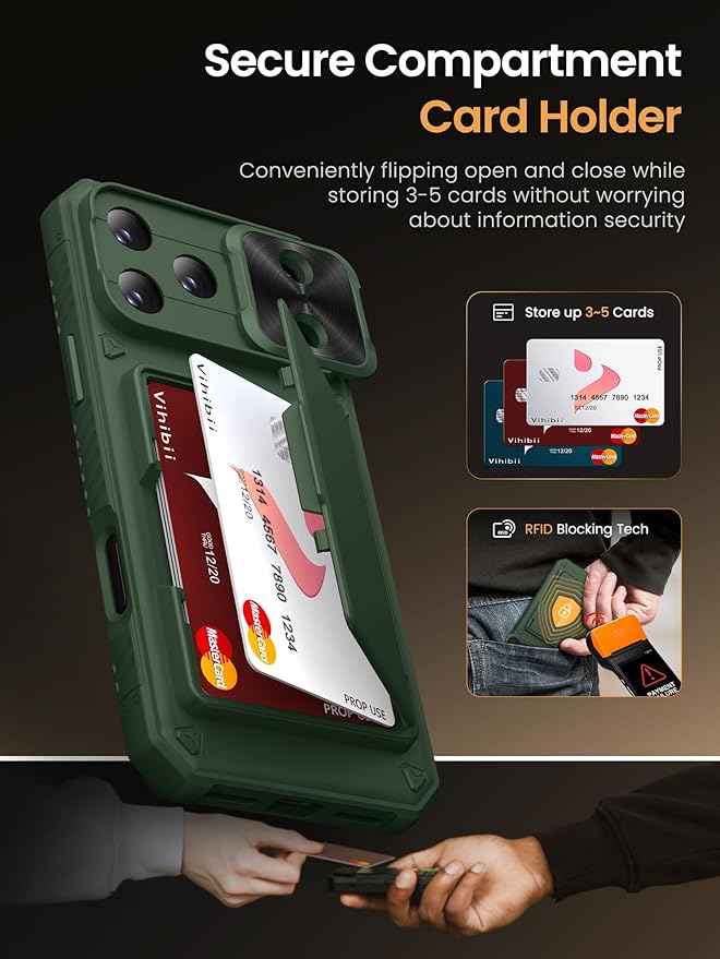 Vihibii for iPhone 17 Pro Max Case with Card Holder (4 Cards) [RFID Blocking] & Slide Lens Cover, Military Grade Drop Protection, Rugged Hard Back & Silicone Edge Wallet Phone Case 6.9" 5G 2025, Green