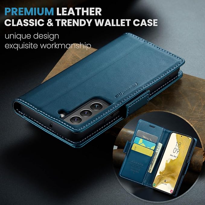 AUPAI for Samsung Galaxy S22 Wallet Case with Credit Card Holder, PU Leather RFID Blocking Folio Flip Kickstand Magnetic Clasp Protective Phone Cover for Women Men Blue