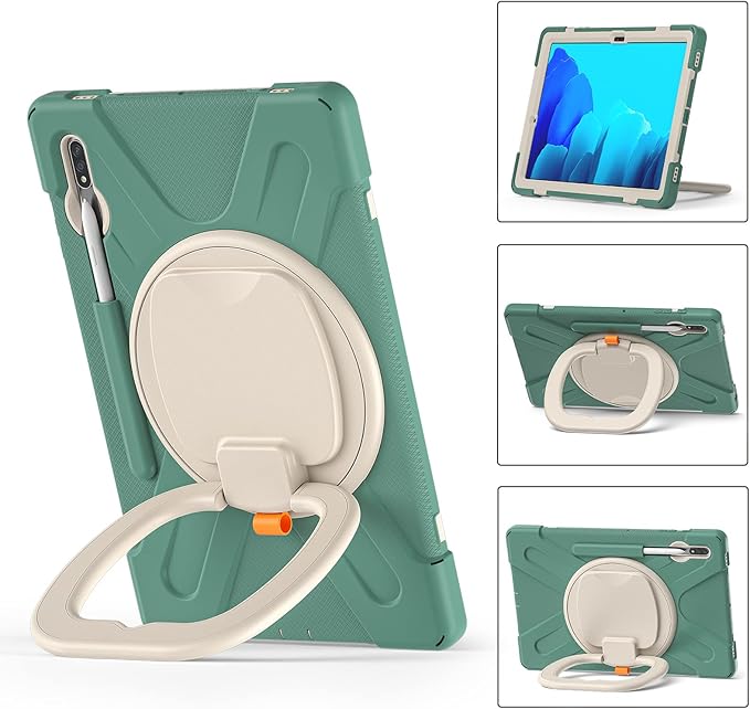 360 Rotation Portable Case for Galaxy Tab S8+/S7 FE/S7+ 12.4 Inch Case with S Pen Holder Rugged Case Rotating Stand Hand Strap Shoulder Carrying Strap Outdoor Cover (DarkGreen)