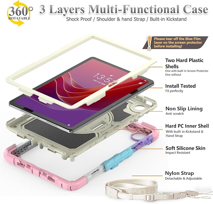 SEYMAC stock Tablet Case for Lenovo Tab M11 (TB-330FU/TB-330XU) 11 inch Drop-Proof Protection Cover with 360° Rotate Stand & Strap [Pen Holder] & Screen Protector/K11/Xiaoxin Pad 2024, Beige+Pink
