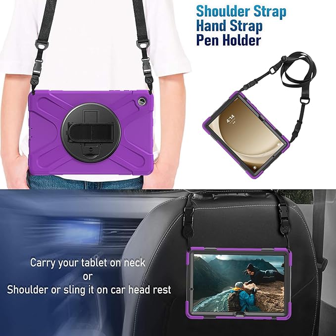 TSQQST Samsung A9 Plus Tablet Case 11 Inch 2023 for Kids with Screen Protector+Stand+Hand Shoulder Strap | Silicone Defender Case for Samsung Galaxy Tab A9+ Plus SM-X210/X216/X218-Purple
