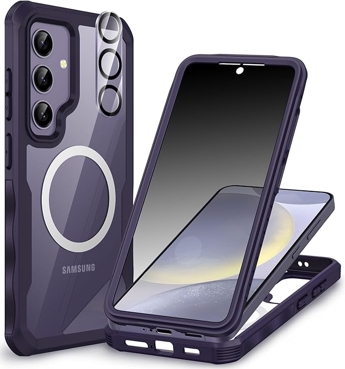 CENHUFO Magnetic Privacy for Samsung Galaxy S24 Case, Full Body Phone Case with Built-in Privacy Screen Protector and Camera Lens Protector, Anti Peep Shockproof Bumper Clear Protective Cover -Purple