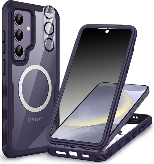 CENHUFO Magnetic Privacy for Samsung Galaxy S24 Case, Full Body Phone Case with Built-in Privacy Screen Protector and Camera Lens Protector, Anti Peep Shockproof Bumper Clear Protective Cover -Purple