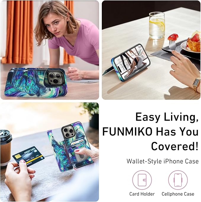 FUNMIKO for iPhone 15 Pro Max Wallet Case with Card Holder, RFID-Blocking, Military-Grade Protection & UV-Printed Artwork, Magnetic Closure with Leather Kickstand - Prismatic Aurora Bear