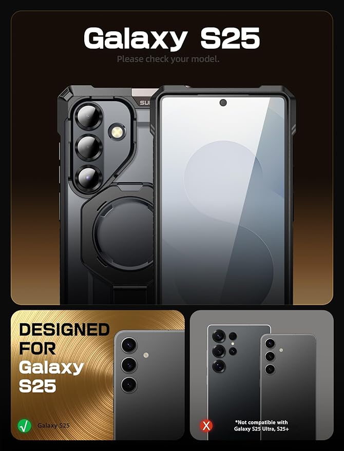 SUPCASE for Samsung Galaxy S25 Case with Stand (Unicorn Beetle Grip), [Compatible with MagSafe] [Military-Grade Drop Protection] Heavy Duty Shockproof Magnetic Phone Case for Galaxy S25 6.2", Black