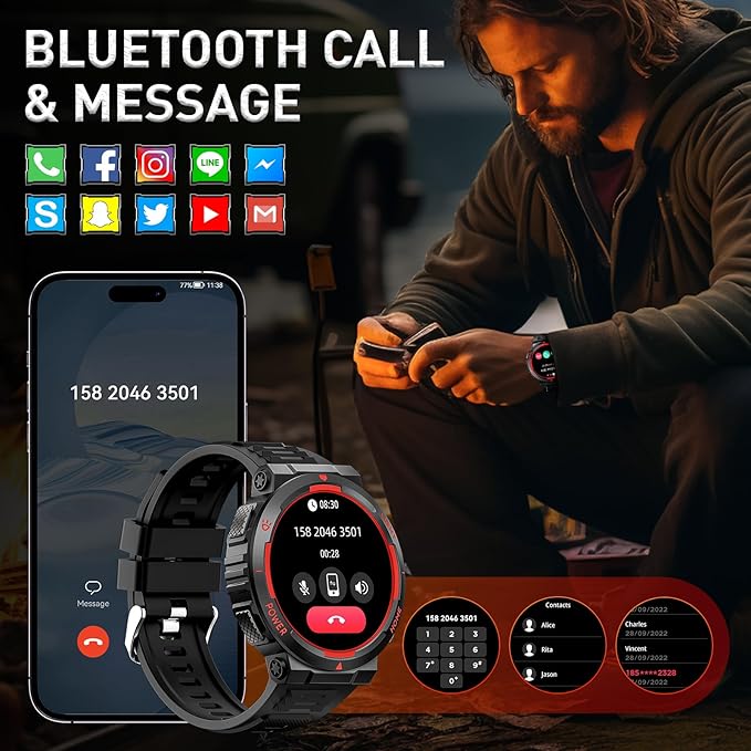 Military Smart Watches for Men (Answer/Make Calls) with LED Flashlight 3ATM Waterproof Smartwatch with 100+ Sports Modes 1.53" Fitness Tracker with Heart Rate Monitor for iPhone Android