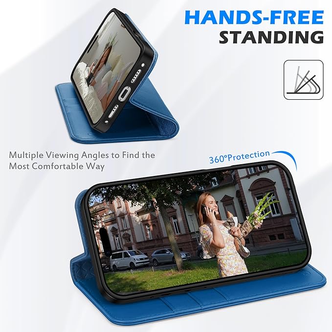 SHIELDON Genuine Leather Case for iPhone 17 6.3 Inch 2025 | Folio Wallet Design, Kickstand, RFID Blocking, 3 Credit Card Slots, Magnetic, Shockproof Phone Cover for Women Men - Sapphire Blue