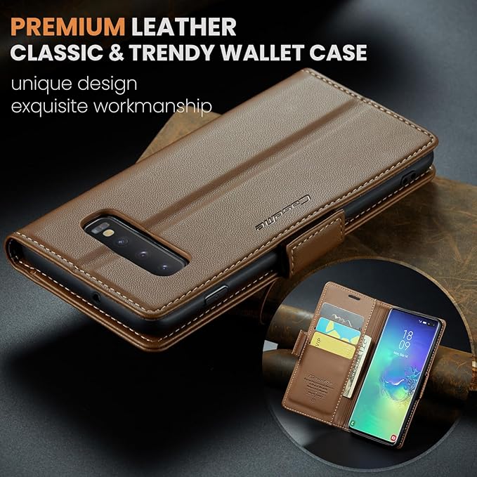 Case for Samsung Galaxy S10 Plus Wallet Case, RFID Blocking PU Leather Flip Folio Cover Card Holder Kickstand Shockproof Phone Case Compatible with Samsung Galaxy S10 Plus, Brown
