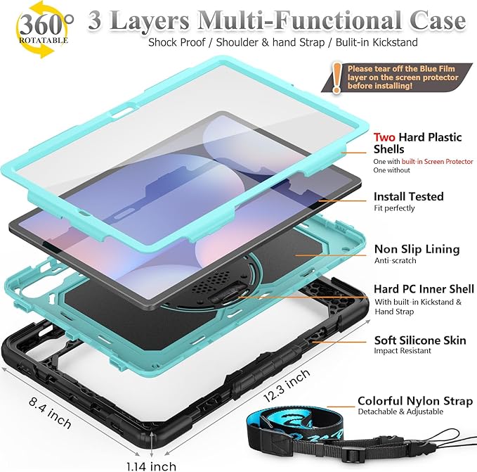 SEYMAC stock Case for Samsung Galaxy Tab S10 Plus/ S9 FE Plus/ S9 Plus 5G Tablet 12.4'' Case with Screen Protector Pencil Holder [360 Rotating Hand Strap] &Stand, Drop-Proof, Skyblue1