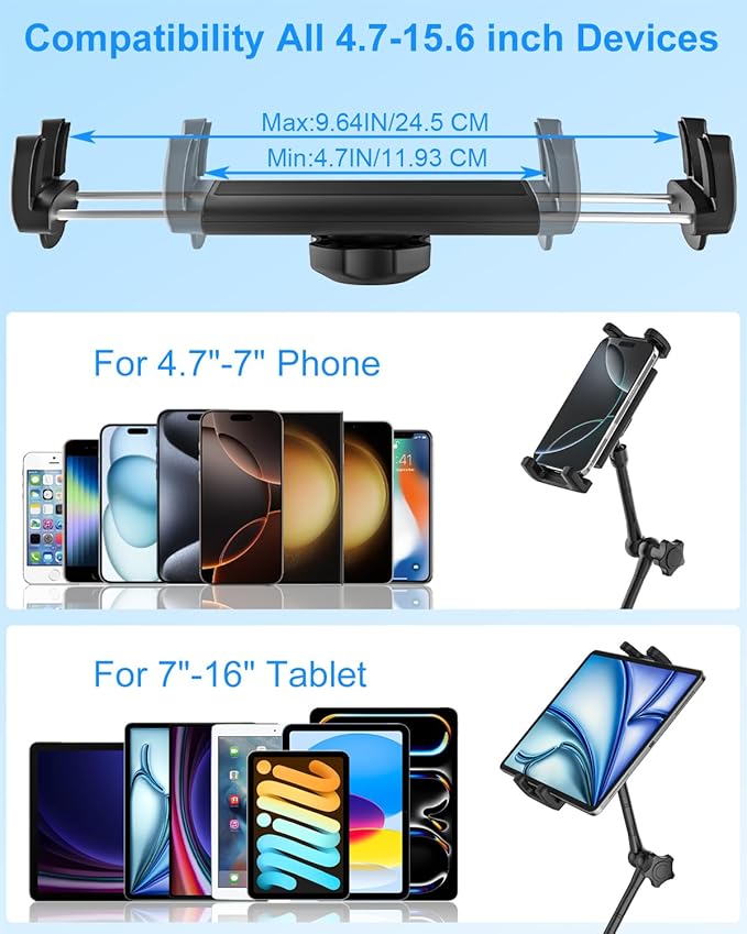 Metal Tablet Stand Holder for iPad, [Foldable Arm] Tablet Mount for Desk, Kitchen, Under Cabinet, Living, Cafe, Office, Compatible iPad mini, Air, Pro, Galaxy Tab/Z Fold, 4.7-16'' Device