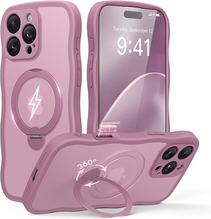 for iPhone 16 Pro Max Case for Women,[Compatible with Magsafe][360° Spin Magnetic Stand][Cute Wave Edge][Military-Grade Protection]Translucent Matte Phone Case for iPhone 16 ProMax, Blackcurrant