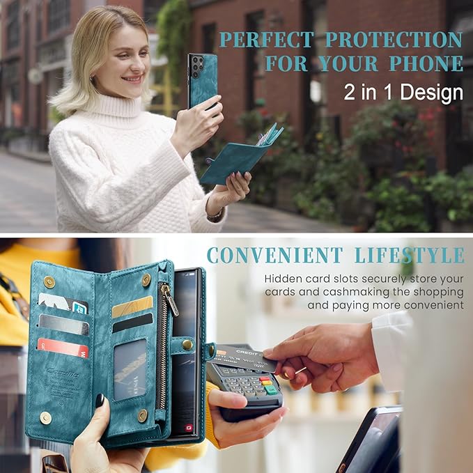 SZHAIYU 2 in 1 Detachable for Samsung Galaxy S24 Ultra Wallet Case with Card Holder, Retro Premium Flip Leather Cover Magnetic Zipper Pocket Phone Cases 6.8'' (Blue, S24 Ultra)