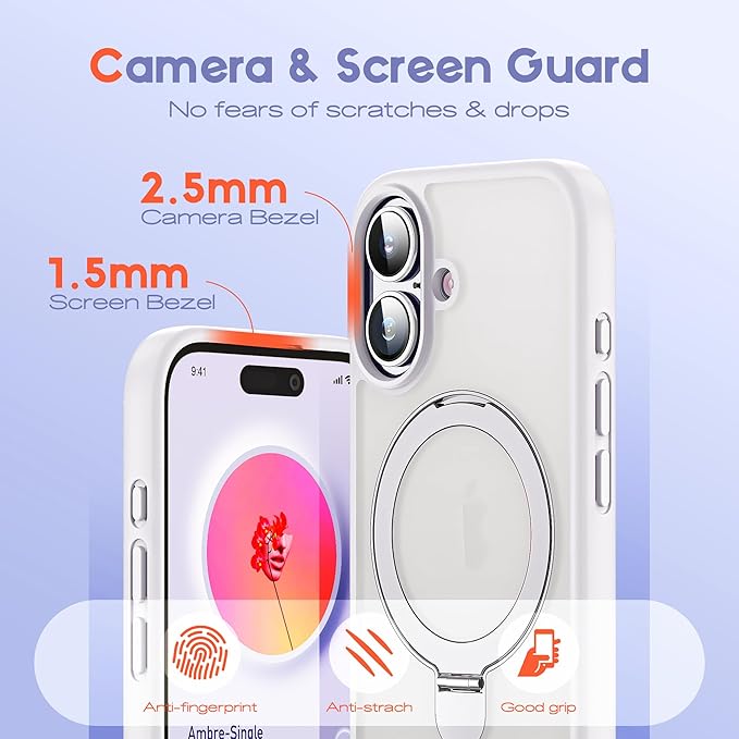 Designed for iPhone 15 Case with Magnetic Ring Stand [Compatible with Mag-Safe] [Military Drop Protection] Shockproof Translucent Phone Cover 6.1" for Women Men,White