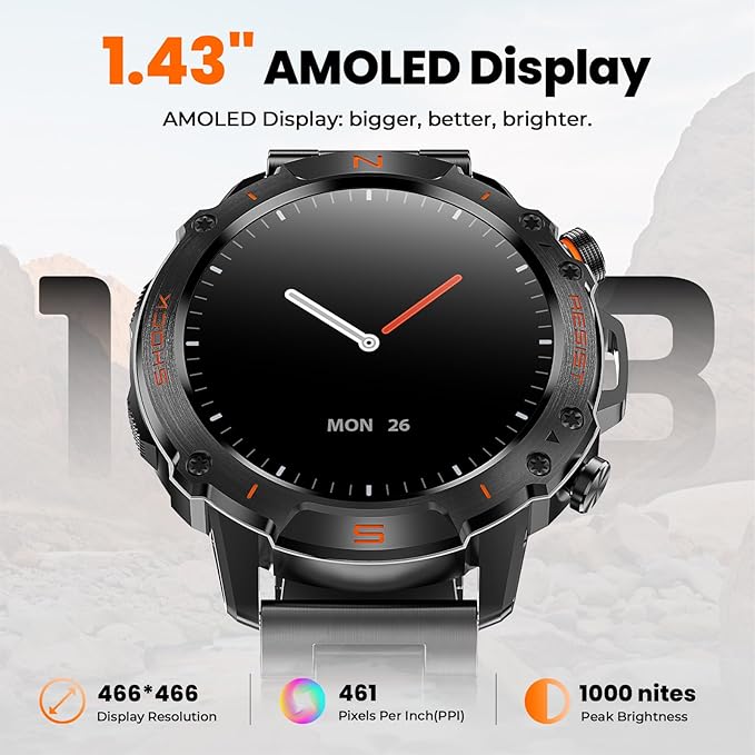 WalkerFit Military Rugged Smart Watch for Men 1.43" AMOLED Smartwatch,Alway-on,3ATM Waterproof for Swim,Accurate HR Sleep Monitor,Bluetooth Call Fitness Watch for iPhone Andriod Compatible,Steel Band