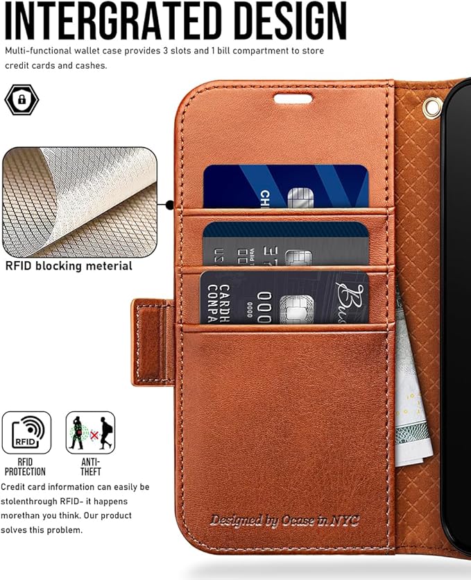 OCASE Compatible with iPhone 15 Wallet Case, PU Leather Flip Folio Case with Card Holders RFID Blocking Kickstand [Shockproof TPU Inner Shell] Phone Cover 6.1 Inch 2023, Retro Brown