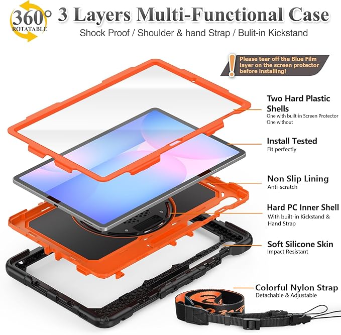 SEYMAC stock Case for Samsung Galaxy Tab S10 FE+ Plus 5G Tablet Case 13.1'' Protective with Screen Protector, Pencil Holder, 360 Rotating Stand, Hand Strap, Shoulder Strap, Orange