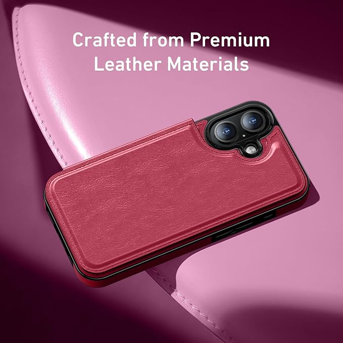 FUNMIKO for iPhone 16 Plus Wallet Case with Card Holder, RFID-Blocking, Military-Grade Protection & UV-Printed Artwork, Magnetic Closure with Leather Kickstand - Hot Pink