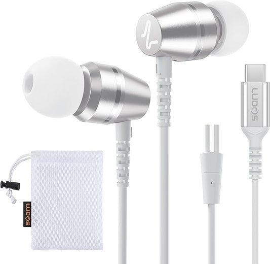 LUDOS OMNITONE USB C Headphones for iPhone 16 15 Pro Max Plus iPad Pro, 5 Years Warranty, USB-C Earbuds for Samsung Galaxy S24 S23 Ultra S22 S21 FE S20 A55 A54 A53, USB Type C Earphones - White
