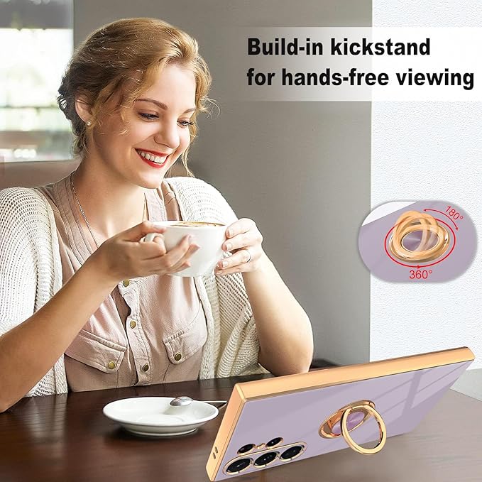 Dinick Purple for Samsung Galaxy S24 Ultra Case with Ring Holder Kickstand [with Magnetic] Soft TPU Bumper, Glitter Gold Electroplated Cover Slim Thin Protective Phone Case for Galaxy S24 Ultra