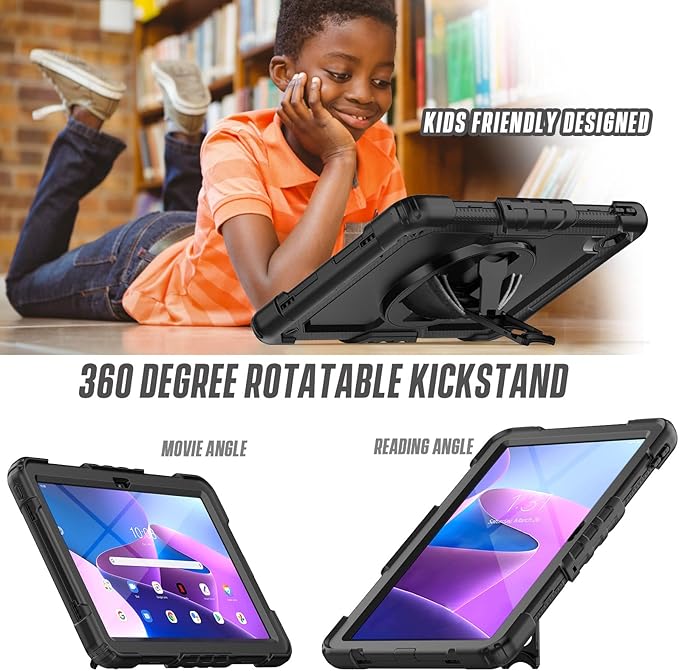 Herize Case for Lenovo Tab M10 Plus 3rd Gen 10.6 Inch 2022 | TB125FU/TB128FU/TB128XU Case with Screen Protector Pen Holder | 3 Layer Shockproof Rugged Sturdy Rubber Protective Case W/Shoulder Strap