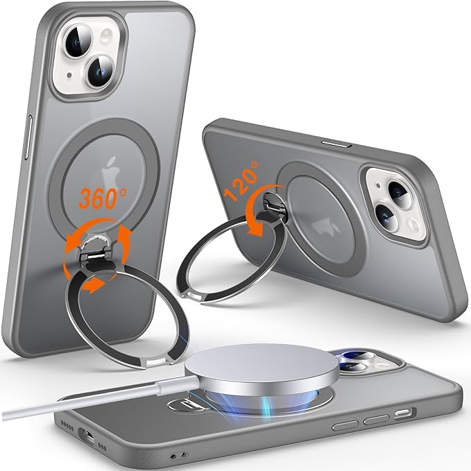 360° O-Ring MagStander for iPhone 15 Case with Magnetic Kickstand Ring Holder [Compatible with MagSafe][360°Rotate Stand Ring][Military Shockproof] Magnet iPhone 15 Phone Cover Matte Grey